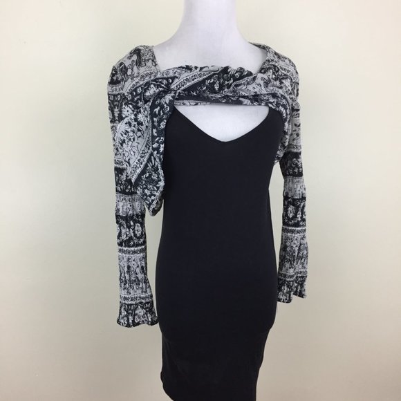 JOIE Black White Print Solid Slip Dress Lined Low Drawstring Waist Dress - Picture 4 of 8
